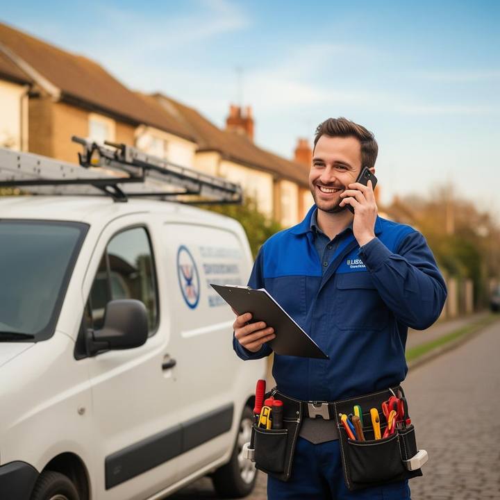 UK tradesperson taking a business call by their work van